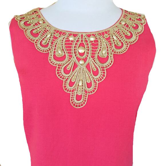 ELIZA J Hot Pink Linen Gold Lace Sleeveless Shift Dress Size 12 Preppy Party - Picture 5 of 10